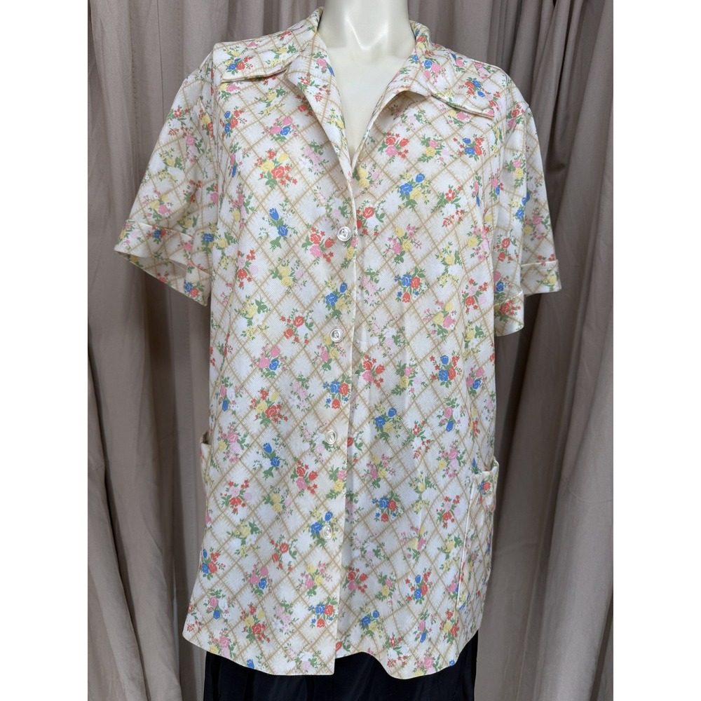 Vintage ILGWU Floral Lattice Blouse Short Sleeve Button Front Union Made Top XL